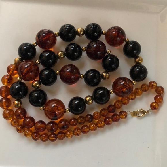 🧡Vintage Faux Jet & Amber Graduated Round Beads long Statement Necklace - Picture 2 of 7